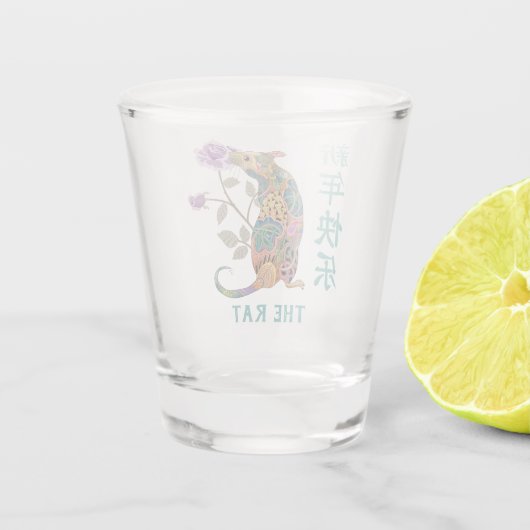 Abstraktes Musterjahr der Ratte mit Rose Schnapsglas (Rückseite)