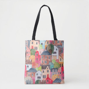 Abstraktes nahtloses Häusermuster. Aquarell Tasche
