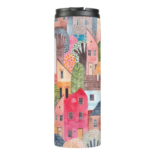 Abstraktes nahtloses Häusermuster. Wasserfarbe Thermosbecher (Rückseite)