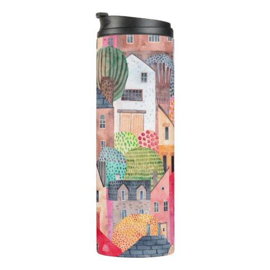 Abstraktes nahtloses Häusermuster. Wasserfarbe Thermosbecher (Nach rechts gedreht)