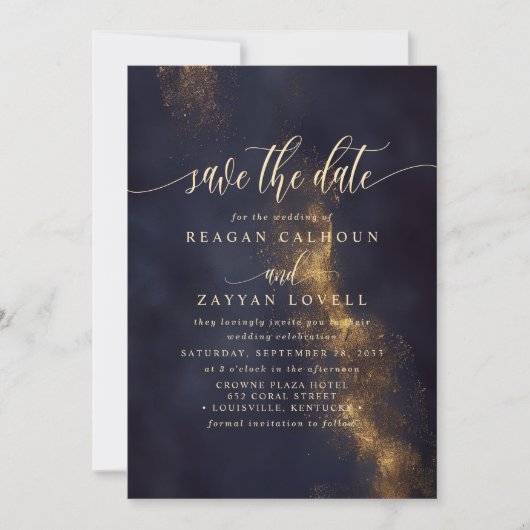 Abstraktes Navy Blue und Gold Save the Date Einladung (Vorderseite)
