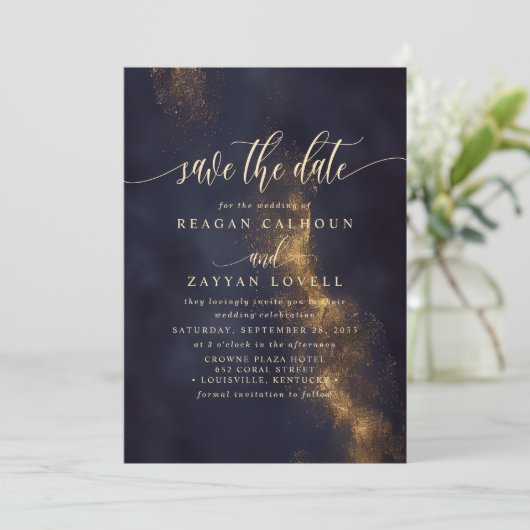 Abstraktes Navy Blue und Gold Save the Date Einladung (Stehend Vorderseite)
