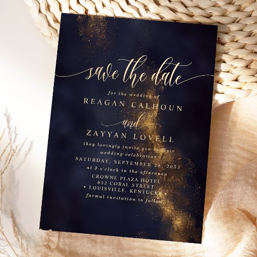 Abstraktes Navy Blue und Gold Save the Date Einladung