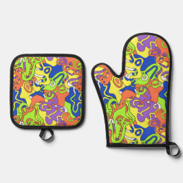 Abstraktes Neon-Doodle-Labyrinth-Muster Ofenhandschuh & Topflappen-Set