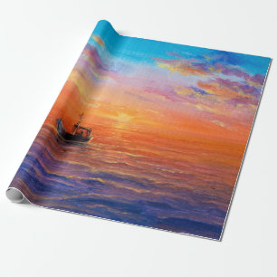 abstraktes Ölbild eines Fischerbootes und des Meer Geschenkpapier