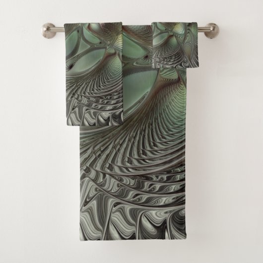 Abstraktes Olive Sage Green Grau Fraktal Art Fanta Badhandtuch Set (Insitu)