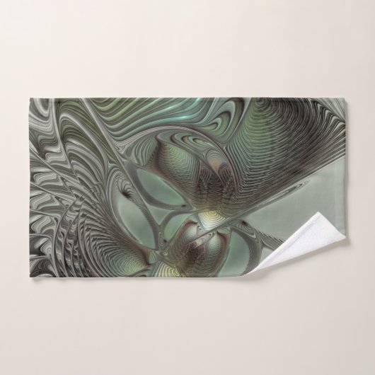 Abstraktes Olive Sage Green Grau Fraktal Art Fanta Badhandtuch Set (Handtuch)