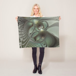 Abstraktes Olive Sage Green Grau Fraktal Art Fanta Fleecedecke