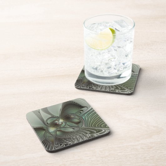 Abstraktes Olive Sage Green Grau Fraktal Art Fanta Getränkeuntersetzer (Rechte Seite)