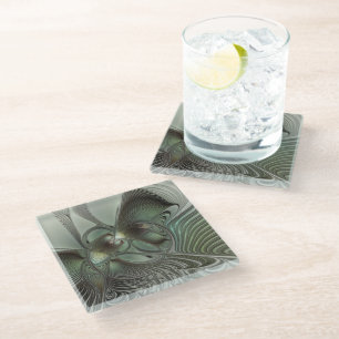 Abstraktes Olive Sage Green Grau Fraktal Art Fanta Glasuntersetzer