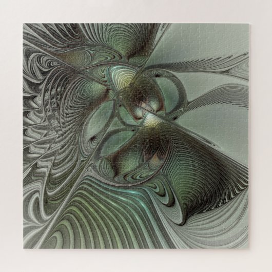 Abstraktes Olive Sage Green Grau Fraktal Art Fanta Puzzle (Horizontal)