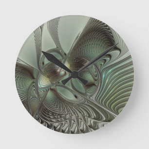 Abstraktes Olive Sage Green Grau Fraktal Art Fanta Runde Wanduhr