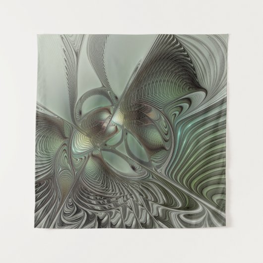 Abstraktes Olive Sage Green Grau Fraktal Art Fanta Wandteppich (Vorderseite)