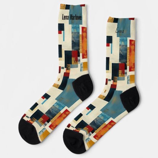 Abstraktes Patchwork in fett Blau und Rot Socken (Linkes Detail)