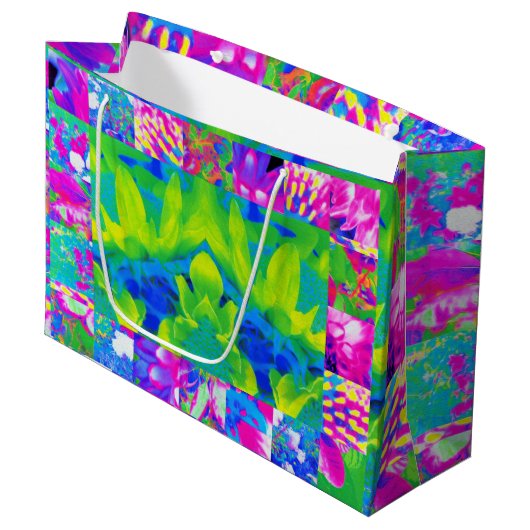 Abstraktes Patchwork Sonnenblumengarten Collage Große Geschenktüte (Vorderseite Schrägansicht)