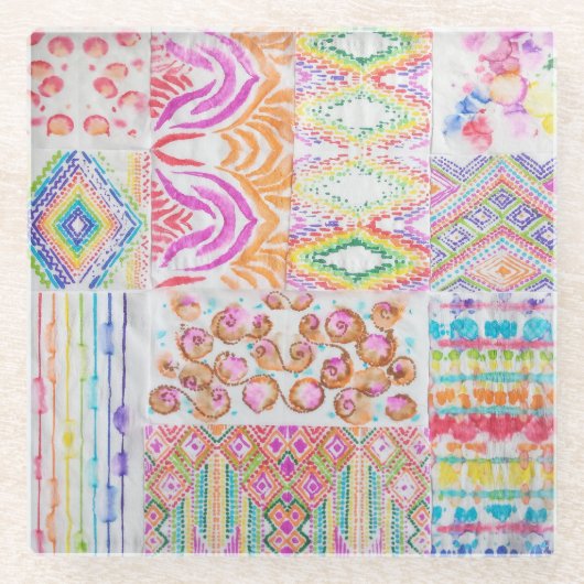 Abstraktes Patchwork, Wasserfarbene Tie-Dye-Muster Glasuntersetzer (Vorderseite)