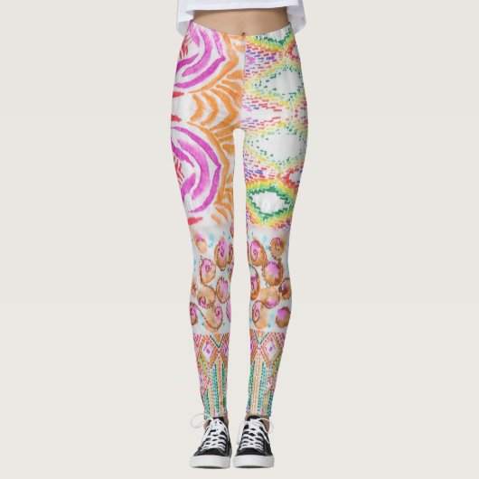 Abstraktes Patchwork, Wasserfarbene Tie-Dye-Muster Leggings (Vorderseite)
