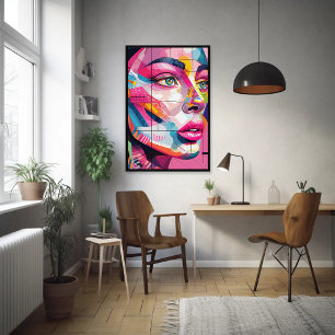 Abstraktes Portrait Frauen-Gesicht rosa Schwarz Fotodruck