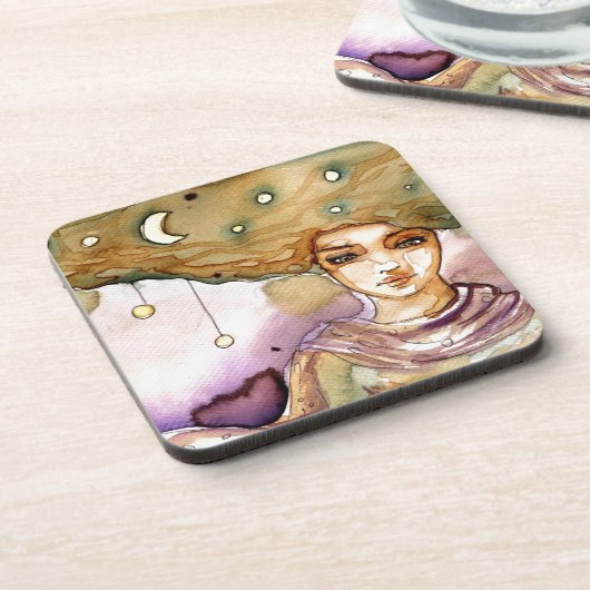 Abstraktes Porträt und hübsche Frau Getränkeuntersetzer (Linke Seite)