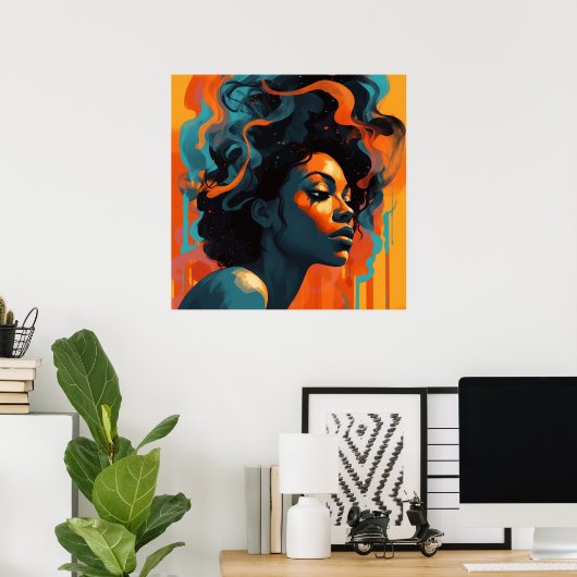 Abstraktes Profil junge schwarze Frau in Orange I Poster (Heimbüro)