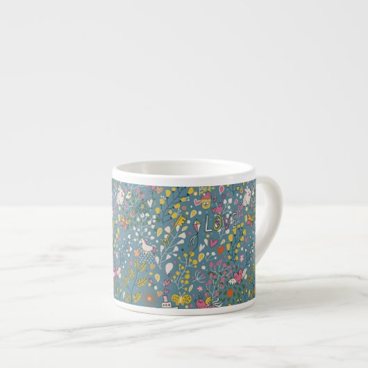 Abstraktes romantisches Muster mit Cartoon Espressotasse (Vorderseite Rechts)