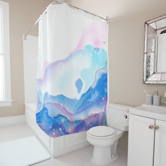 Abstraktes rosa und blaues, flüssiges Marmormuster Duschvorhang (Beispiel)