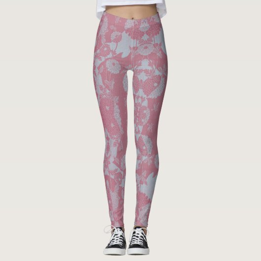Abstraktes rosa und graues botanisches Muster Leggings (Vorderseite)
