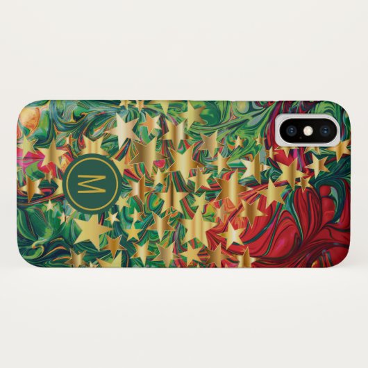 Abstraktes Rot-Grün-Gold-Sterne-Monogramm Case-Mate iPhone Hülle (Rückseite (Horizontal))