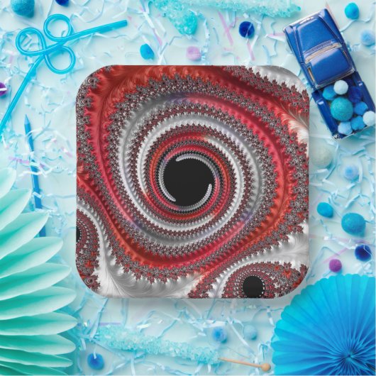 Abstraktes Rot-Schwarz-Weiß-Fraktal Pappteller (Party)