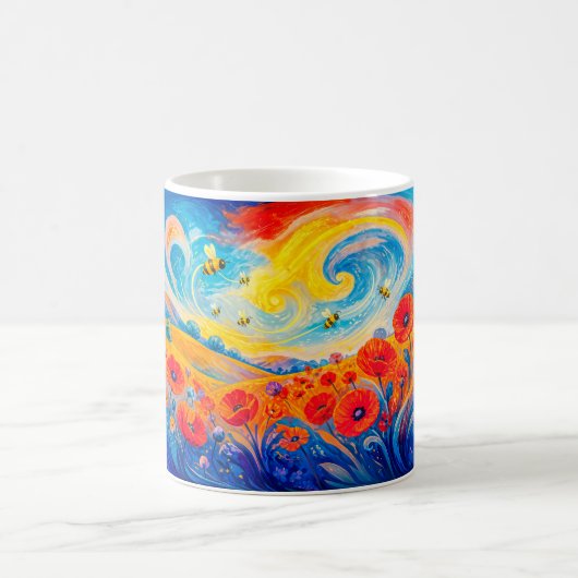Abstraktes rotes blaues Mohnfeld mit Bienen Kaffeetasse (Mittel)