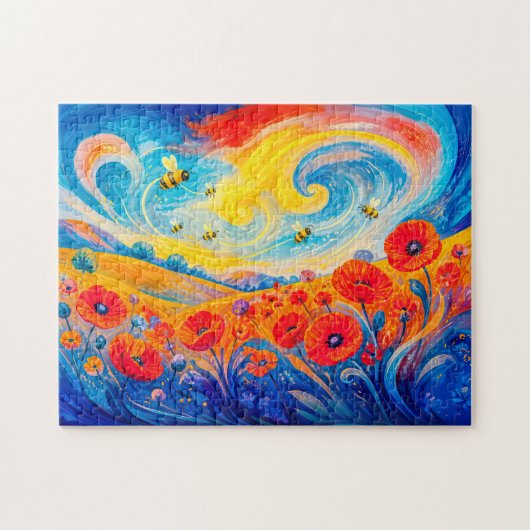 Abstraktes rotes blaues Mohnfeld mit Bienen Puzzle (Horizontal)