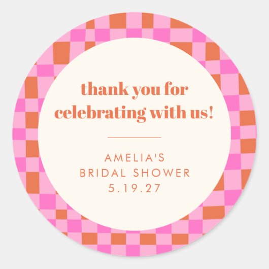 Abstraktes Schachbrett Pink Custom Brautparty Dank Runder Aufkleber (Vorderseite)