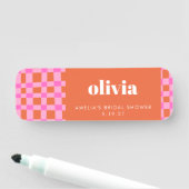 Abstraktes Schachbrett Rosa Orangefarbenes Brautpa Namensschild (Beispiel)