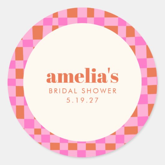 Abstraktes Schachbrett Rosa Orangefarbenes Brautpa Runder Aufkleber (Vorderseite)
