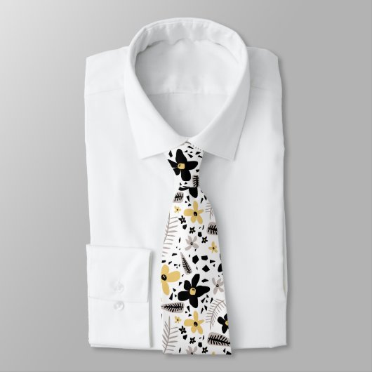 Abstraktes Schwarz-Gelb-Graues Blumenmuster Krawatte (Gebunden)