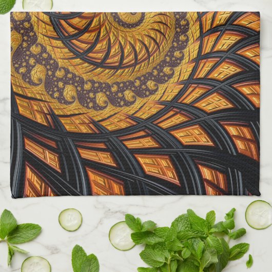 Abstraktes Schwarz-Gold-Spiral-Fraktal Geschirrtuch (Gefaltet)