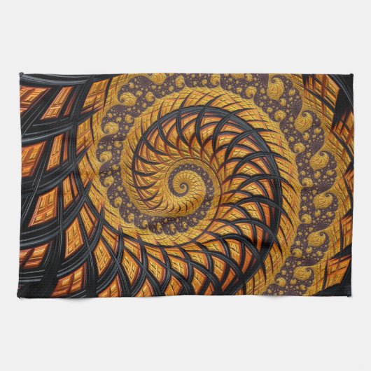Abstraktes Schwarz-Gold-Spiral-Fraktal Geschirrtuch (Horizontal)