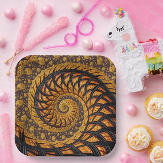 Abstraktes Schwarz-Gold-Spiral-Fraktal Pappteller (Party)