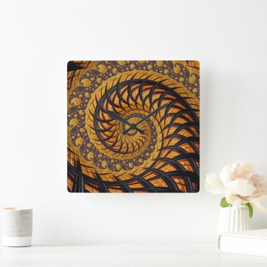 Abstraktes Schwarz-Gold-Spiral-Fraktal Quadratische Wanduhr (Zuhause)