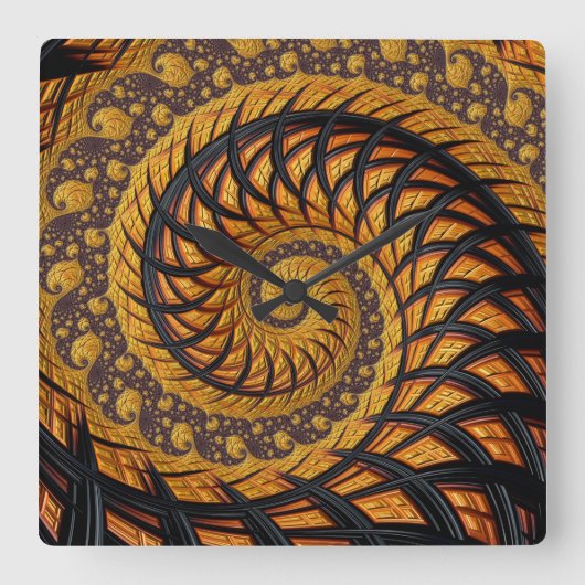 Abstraktes Schwarz-Gold-Spiral-Fraktal Quadratische Wanduhr (Vorderseite)