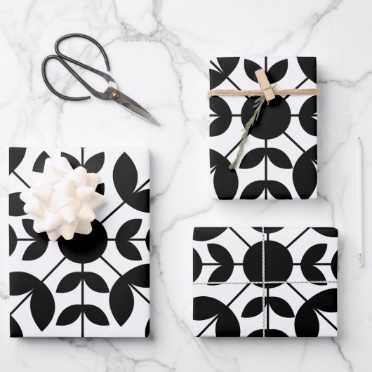Abstraktes Schwarz-Weiß-Mandala-Blumenmuster Geschenkpapier Set (Vorderseite)