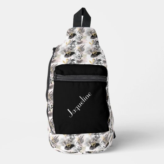 Abstraktes Schwarz-, Weiß- und Goldmuster Crossbody Bag (Vorderseite)