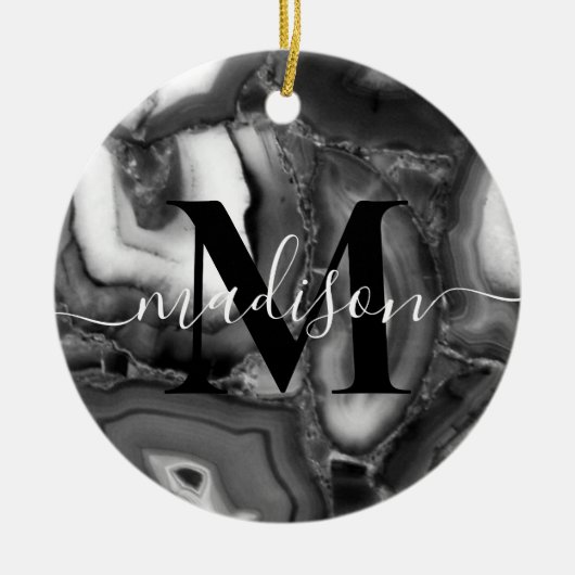 Abstraktes Schwarz-weißes Agating Geode Monogramm Keramik Ornament (Vorne)