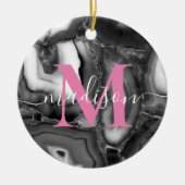 Abstraktes Schwarz-weißes Agating Geode Monogramm Keramik Ornament (Vorne)