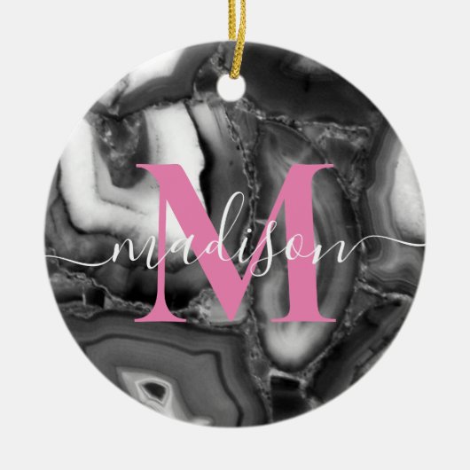 Abstraktes Schwarz-weißes Agating Geode Monogramm  Keramik Ornament (Vorne)