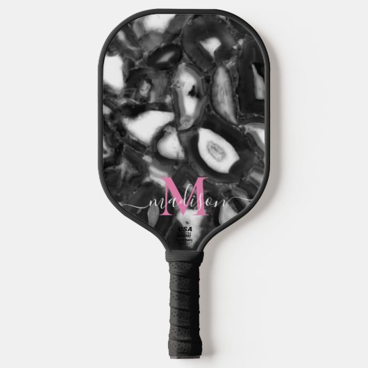 Abstraktes Schwarz-weißes Agating Geode Monogramm Pickleball Schläger (Vorderseite)