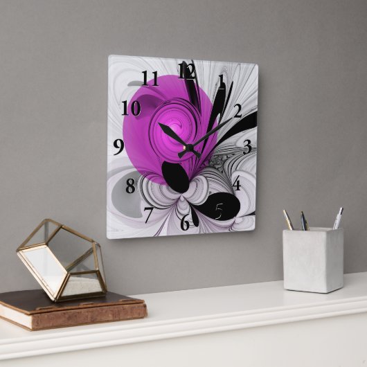 Abstraktes Schwarzes Grau mit Magenta Fraktal Kuns Quadratische Wanduhr (Büro)
