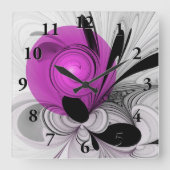Abstraktes Schwarzes Grau mit Magenta Fraktal Kuns Quadratische Wanduhr (Vorderseite)