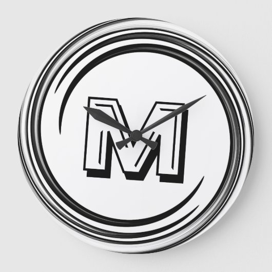 Abstraktes Schwarzes Swirl Monogramm Große Wanduhr (Vorderseite)