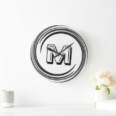 Abstraktes Schwarzes Swirl Monogramm Große Wanduhr (Zuhause)